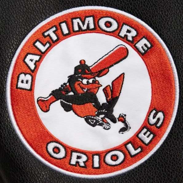 Zoomed view of Baltimore Orioles vintage varsity jacket details.