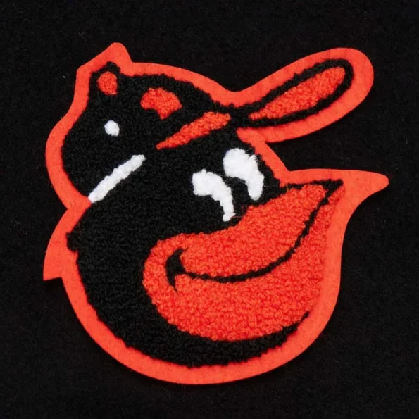 Zoomed view of Baltimore Orioles vintage varsity jacket details.