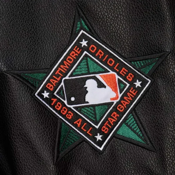 Zoomed view of Baltimore Orioles vintage varsity jacket details.