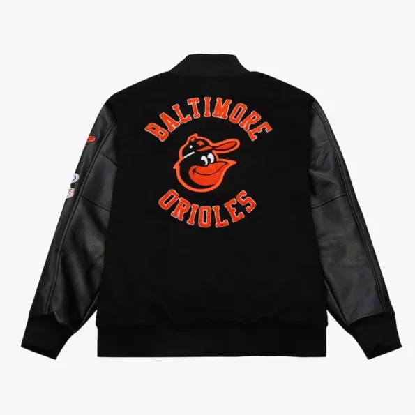 Back view of Baltimore Orioles vintage varsity jacket.