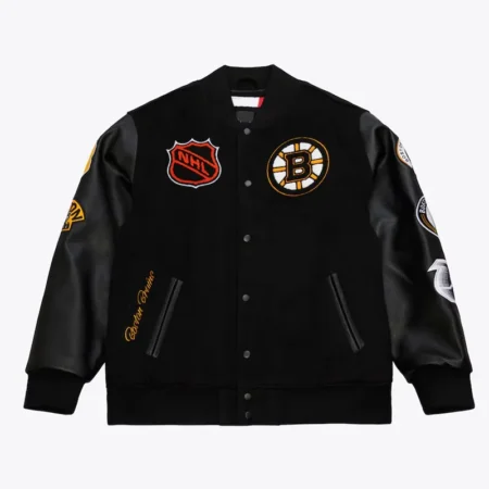 Front view of Boston Bruins Black Logo Varsity Jacket