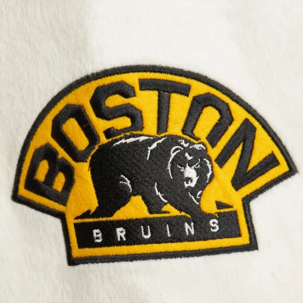 Zoomed view of Boston Bruins black vintage varsity jacket details.