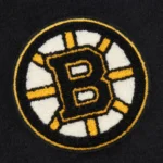 Front view Boston Bruins black vintage varsity jacket photo.