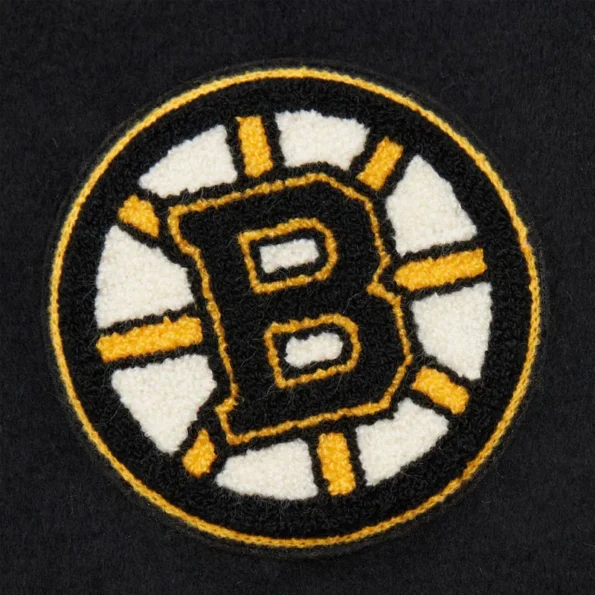 Zoomed view of Boston Bruins black vintage varsity jacket details.