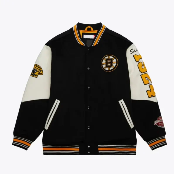 Front view of Boston Bruins black vintage varsity jacket.