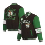 Front view Boston Celtics black varsity jacket official photo.