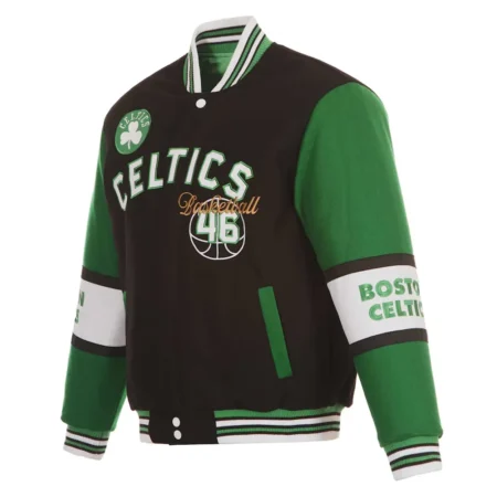 Front view of Boston Celtics black varsity jacket with logo.