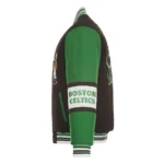 Front view Boston Celtics black varsity jacket official photo.