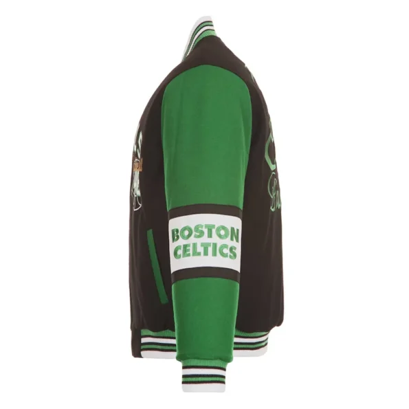 Side view of Boston Celtics black varsity jacket details.