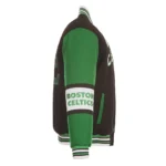 Front view Boston Celtics black varsity jacket official photo.