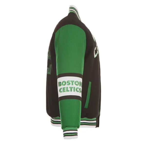 Side view of Boston Celtics black varsity jacket details.