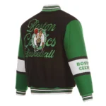 Front view Boston Celtics black varsity jacket official photo.