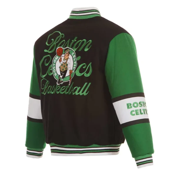 Back view of Boston Celtics black varsity jacket with graphics.