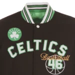 Front view Boston Celtics black varsity jacket official photo.