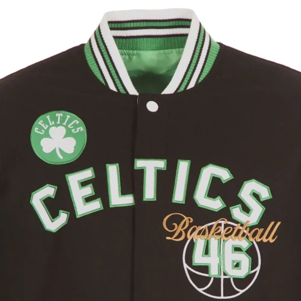 Zoomed-in details of Boston Celtics varsity jacket logo.