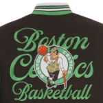 Front view Boston Celtics black varsity jacket official photo.