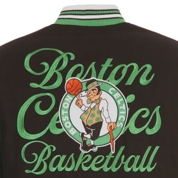 Zoomed-in details of Boston Celtics varsity jacket logo.