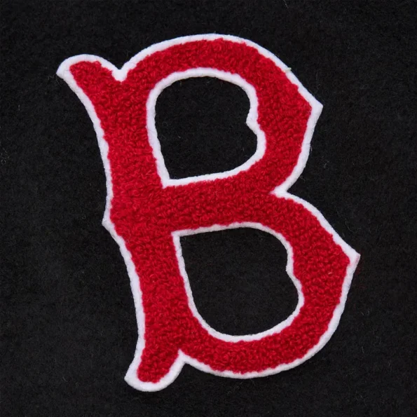 Zoomed view of Boston Red Sox vintage varsity jacket details.