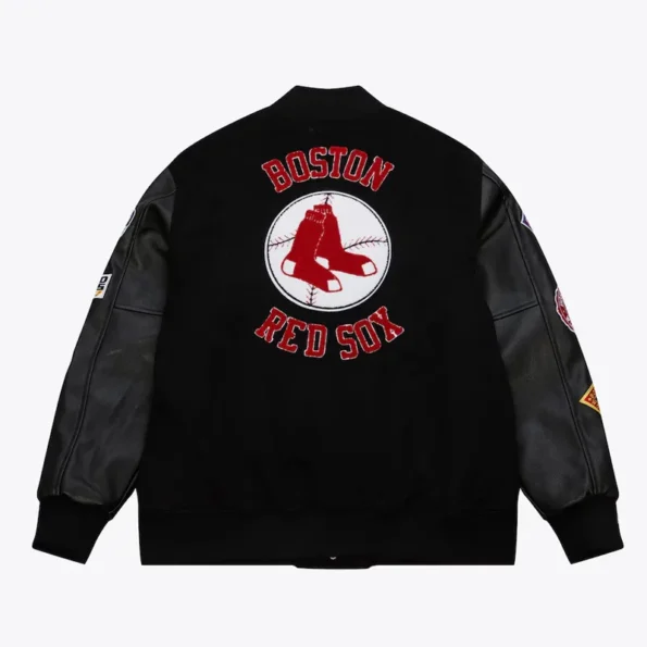 Back view of Boston Red Sox vintage varsity jacket.