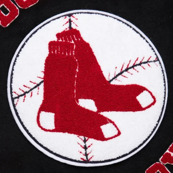 Zoomed view of Boston Red Sox vintage varsity jacket details.