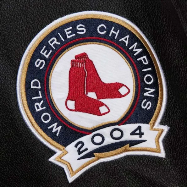 Zoomed view of Boston Red Sox vintage varsity jacket details.