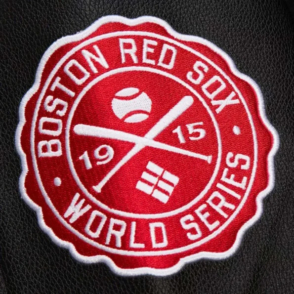 Zoomed view of Boston Red Sox vintage varsity jacket details.