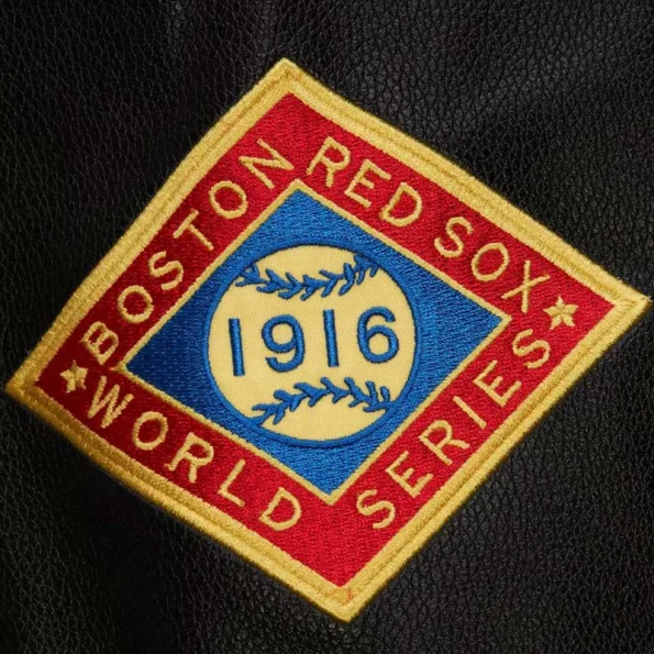 Zoomed view of Boston Red Sox vintage varsity jacket details.