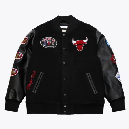 Front view of Chicago Bulls Black Vintage Varsity Jacket