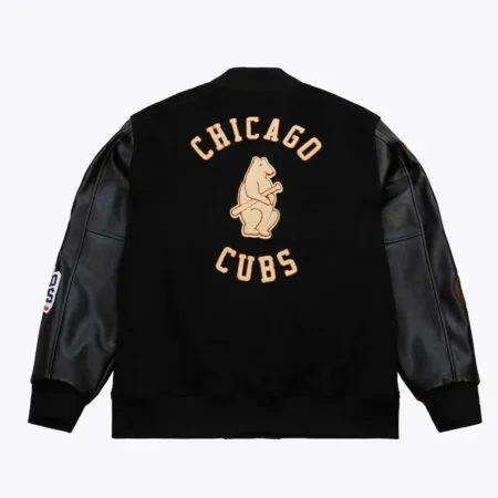 Back view of Chicago Cubs black vintage varsity jacket.