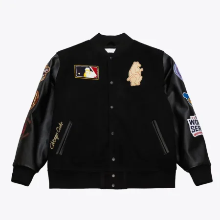 Front view of Chicago Cubs black vintage varsity jacket.