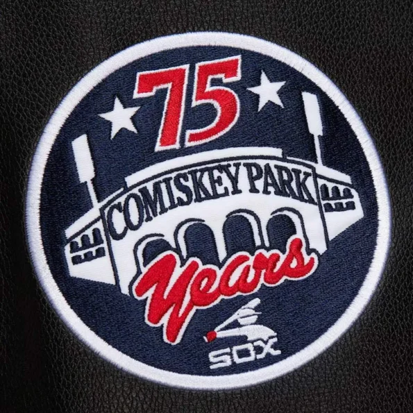 Zoomed view of Chicago White Sox vintage varsity jacket details.