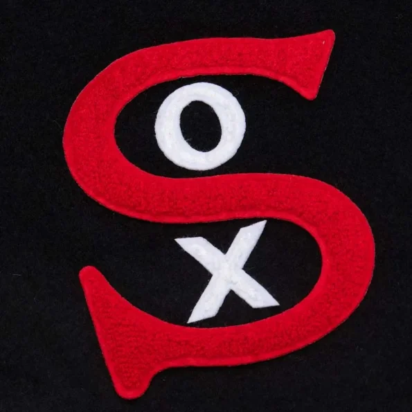 Zoomed view of Chicago White Sox vintage varsity jacket details.