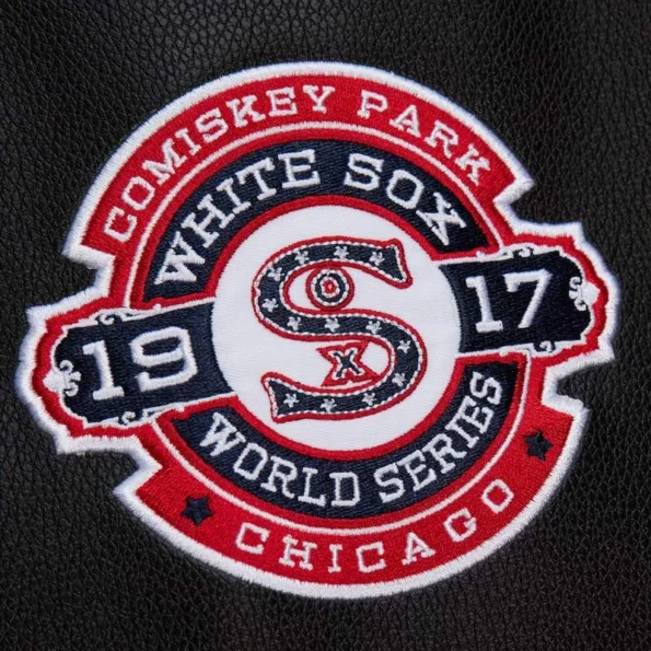 Zoomed view of Chicago White Sox vintage varsity jacket details.