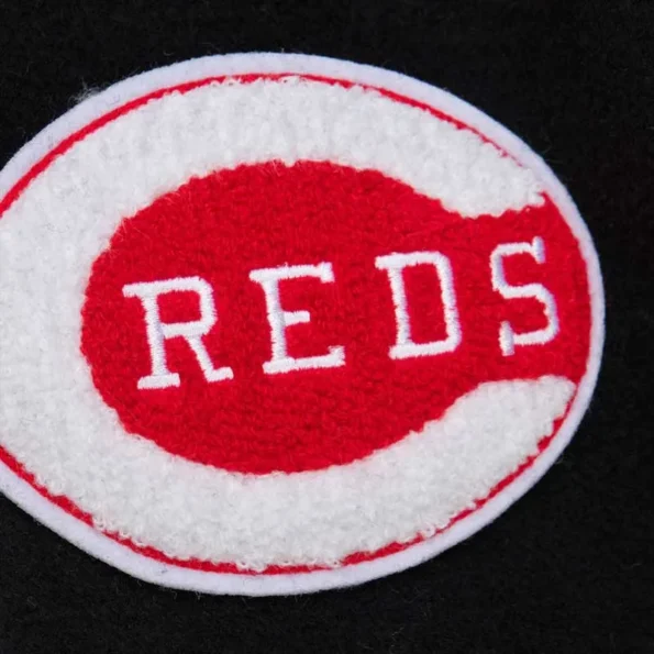 Zoomed view of Cincinnati Reds vintage varsity jacket details.