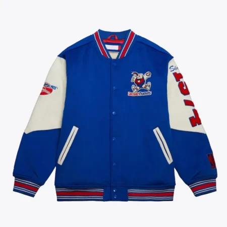 Front view of Denver Nuggets vintage varsity jacket.