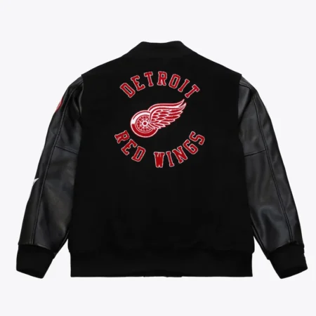 Back view of Detroit Red Wings black varsity jacket.