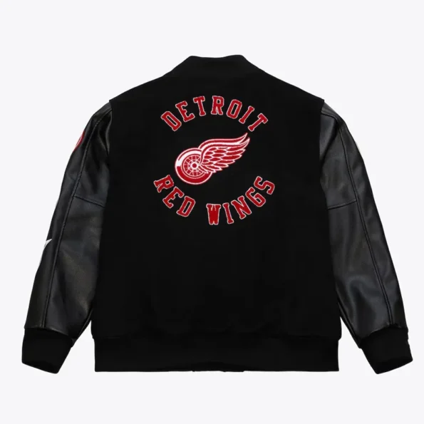 Back view of Detroit Red Wings black varsity jacket.