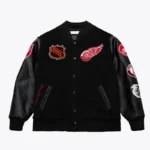 Front view of Detroit Red Wings black varsity jacket.