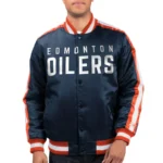 Model front view Edmonton Oilers navy varsity satin jacket photo.