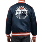 Model front view Edmonton Oilers navy varsity satin jacket photo.