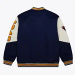 Front view Golden State Warriors navy varsity jacket photo.