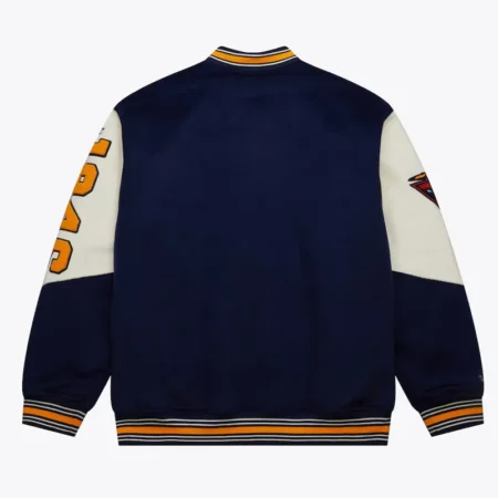 Back view of Golden State Warriors navy varsity jacket.