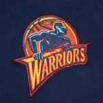 Front view Golden State Warriors navy varsity jacket photo.