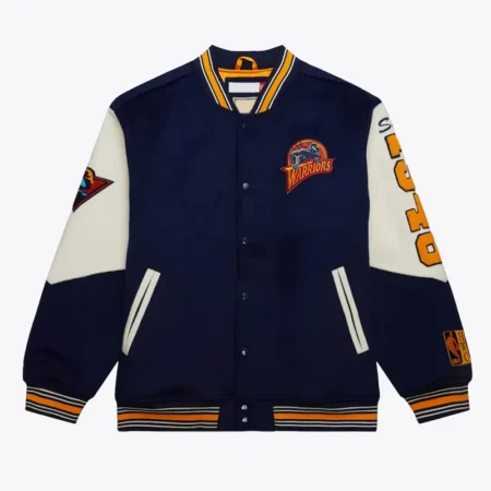 Front view of Golden State Warriors navy varsity jacket.