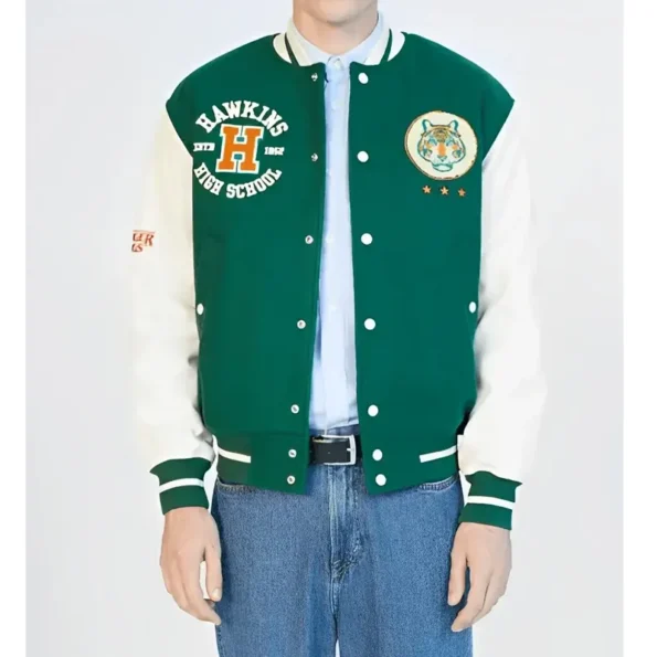 Model wearing Stranger Things Hawkins Varsity Jacket front view