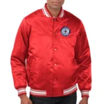 Model front view LA Clippers printed team varsity jacket photo.