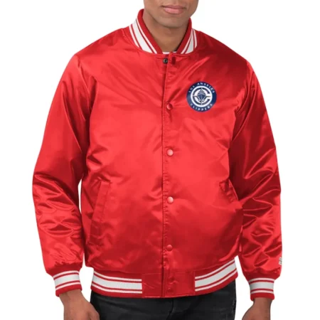 Model wearing LA Clippers printed team varsity jacket front view.