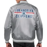 Model front view LA Clippers printed team varsity jacket photo.