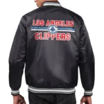 Model front view LA Clippers printed team varsity jacket photo.