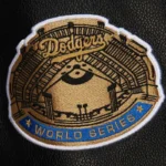 Front view LA Dodgers black vintage varsity jacket photo.